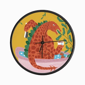 Orange Dinosaur Drinking Tea In Bathtub Clock