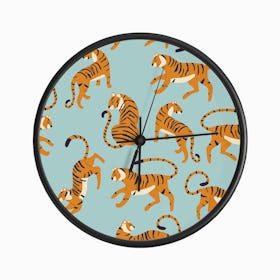 Tiger Pattern On Blue Clock