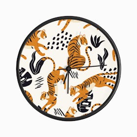 Tiger Pattern On White With Dark Tropical Leaves Decoration Clock