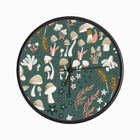 Mushrooms And Florals Pattern On Green Clock