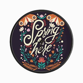 Spring Is Here Hand Lettering With Flowers And Moths On Deep Purple Clock
