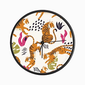 Tiger Pattern On White With Colorful Tropical Leaves Decoration Clock