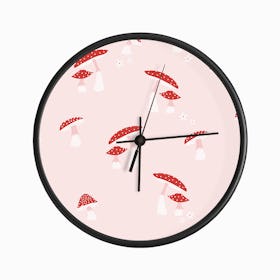Mushroom Red And White On Pink Clock