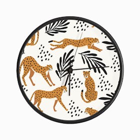 Tropical Cheetah Pattern On White With Black Florals And Decoration Clock