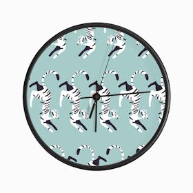 Prancing White Tiger Pattern On Blue Clock