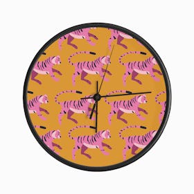 Bright Pink Tiger Pattern On Vibrant Orange Pattern Clock