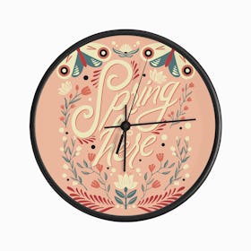 Spring Is Here Hand Lettering With Flowers And Moths On Pink Clock