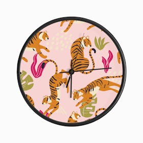 Tiger Pattern On Pink With Tropical Leaves Clock