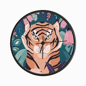 Tiger Portrait With Florals On Green Clock