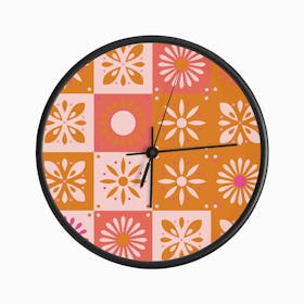 Traditional Portuguese Tiles In Bright Pink And Orange With Floral Motifs Clock