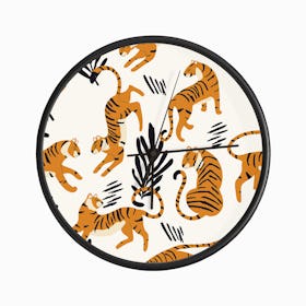 White Tiger Pattern With Floral Decoration On White Clock