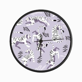White Tiger Pattern On Pastel Purple Clock
