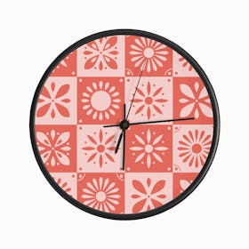 Traditional Portuguese Tiles In Bright Pink With Floral Motifs Clock