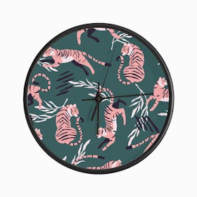 Pink Tiger Pattern On Green With Decoration Clock