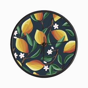 Sunny Lemon Pattern With Florals On Blue Clock
