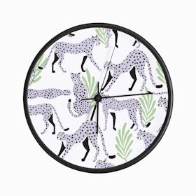 Tropical Light Purple Cheetah Pattern On White With Green Florals Clock