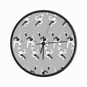 Prancing White Tiger Pattern On Gray Clock
