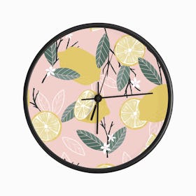Lemon Pattern On Pink With Flowers And Branches Clock