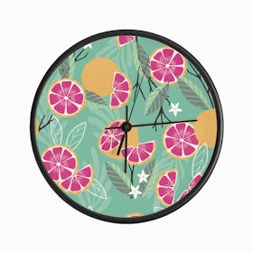 Grapefruit Pattern With Florals And Branches On Green Clock