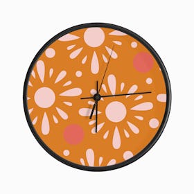 Light Pink Florals On Bright Orange Clock