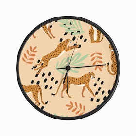 Tropical Cheetah Pattern On Beige With Florals And Decoration Clock