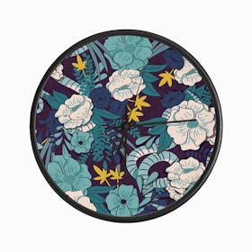 Flower And Floral Pattern On Purple With Blue And Yellow Decoration Clock