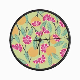 Grapefruit Pattern On Lime Green With Floral Decoration Clock