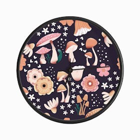 Mushrooms And Flowers Pattern On Purple Clock