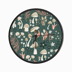 Mushrooms And Flowers On Green Clock