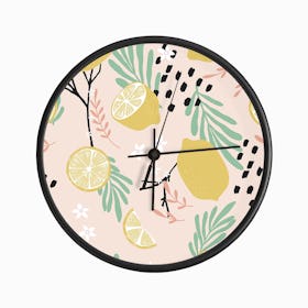 Lemon Pattern On Pink With Flowers And Florals Clock