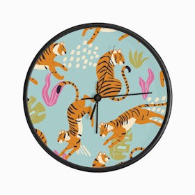 Tiger Pattern On Blue With Tropical Leaves Clock