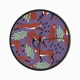 Tropical Cheetah Pattern On Purple With Florals And Decoration Clock