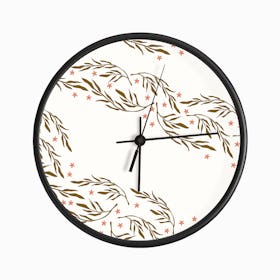 Golden Florals Pattern On White With Coral Flowers Clock