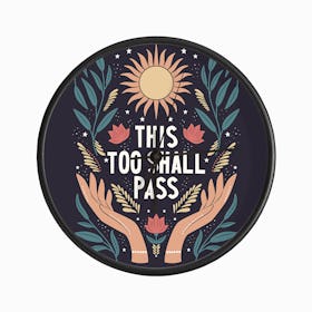 This Too Shall Pass Hand Lettering With Open Hand, Florals And Sun, On Deep Purple Clock
