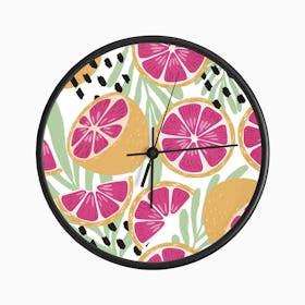 Grapefruit Pattern On White With Floral Decoration Clock