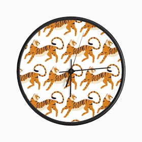 Prancing Tiger Pattern On White Clock