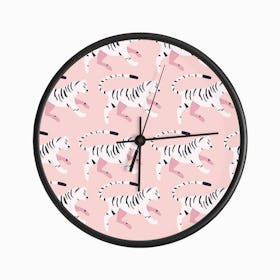 White Tiger Pattern On Pink Clock