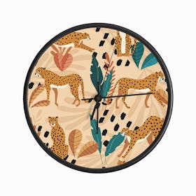 Tropical Cheetah Pattern On Beige With Colorful Florals And Decoration Clock