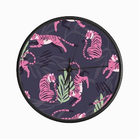 Pink Tiger Pattern On Purple With Floral Decoration Clock