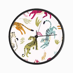 Colorful Tiger Pattern On White With Floral Decoration Clock