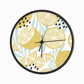 Lemon Pattern On White With Florals Clock