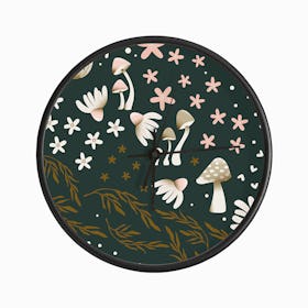 Mushroom Pattern On Green With Florals Clock