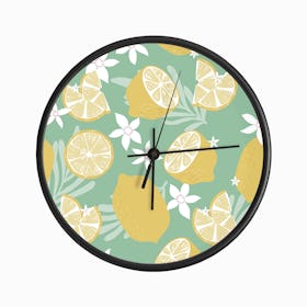 Lemon Pattern On Green With Flowers And Florals Clock