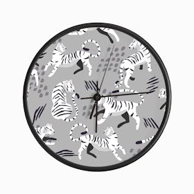 White Tiger Pattern On Gray With Decoration Clock
