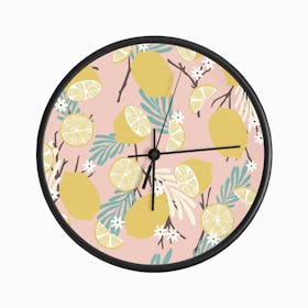 Lemon Pattern On Pink With Colorful Florals Clock