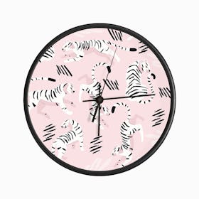 White Tiger Pattern On Pastel Pink Clock