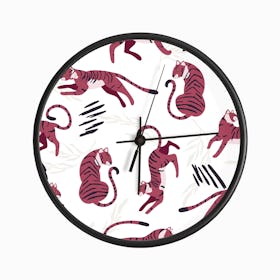 Magenta Tigers Pattern On White Clock
