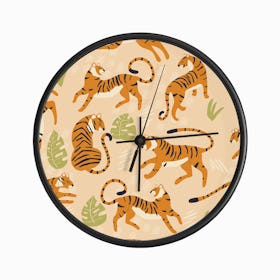 Tiger Pattern On Beige With Green Tropical Leaves Clock