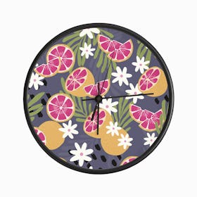 Grapefruit Pattern On Purple With Floral Decoration Clock