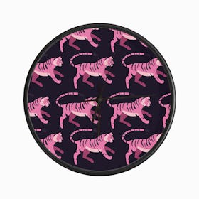 Pink Tiger Pattern On Dark Purple Clock